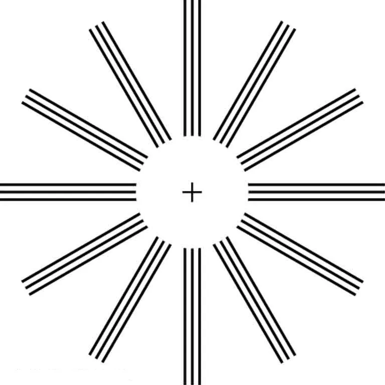 A circle without border and a cross sign in between. A wheel type structure is shown with parallel lines coming from the border of the circle.