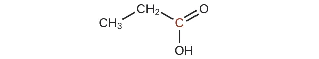 A molecular structure is shown with a C H subscript 3 group bonded up and to the right to a C H subscript 2 group which is bonded down and to the left to a C atom. This C atom appears in red. The C atom forms a double bond with an O atom up and to the right. The C atom also forms a single bond with an O H group directly below it.