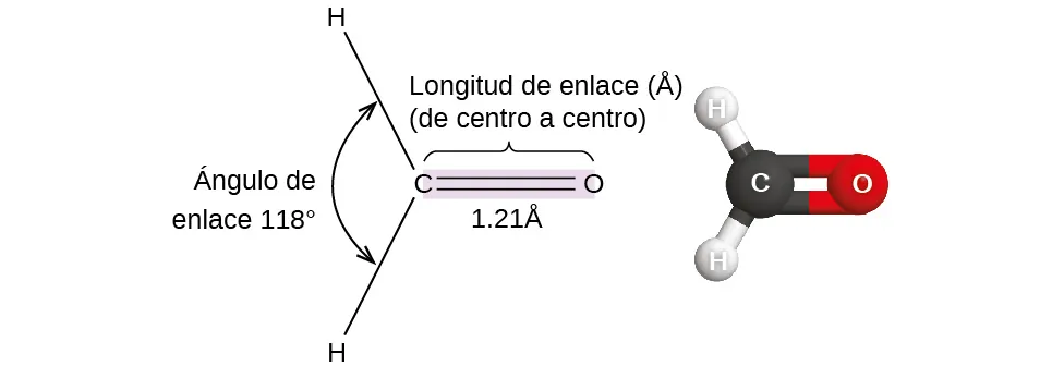 Se muestran dos imágenes. La imagen de la izquierda muestra un átomo de carbono con tres átomos unidos en una disposición triangular a su alrededor. Hay dos átomos de hidrógeno enlazados en el lado izquierdo del carbono y el ángulo entre ellos está marcado como "118 grados" y "ángulo de enlace". El carbono también tiene un doble enlace con un átomo de oxígeno. El doble enlace está sombreado y hay un paréntesis que marca el enlace, "Longitud de enlace ( angstrom ), ( centro a centro )", y, "1,21 angstrom" La imagen de la derecha muestra un modelo de bola y palo de los mismos elementos. Los átomos de hidrógeno son blancos, el átomo de carbono es negro y el de oxígeno es rojo.