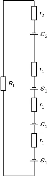 Opornik R ze znakiem L jest połączony szeregowo z opornikiem r ze znakiem 2, źródłem napięcia epsilon ze znakiem 2, opornikiem r ze znakiem 1, źródłem napięcia epsilon ze znakiem 1, opornikiem r ze znakiem 1, źródłem napięcia epsilon ze znakiem 1, opornikiem r ze znakiem 1, i źródłem napięcia epsilon ze znakiem 1. Wszystkie źródła napięcia mają zaciski ujemne w górze. 