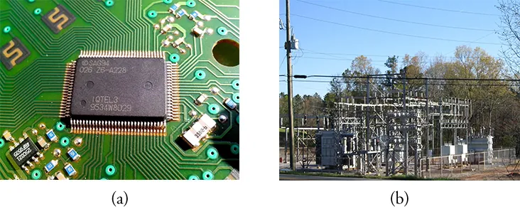Part (a) shows a circuit board with a small “chip.” Part (b) shows a high-power electric power transmission station.