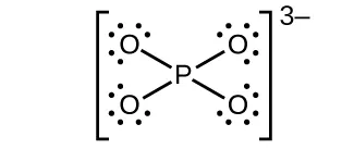 Esta estructura de Lewis muestra un átomo de fósforo que tiene enlace simple con cuatro átomos de oxígeno, cada uno con tres pares solitarios de electrones. La estructura está rodeada de corchetes y tiene en superíndice 3 signo negativo fuera de los corchetes.