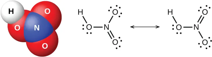 Un modelo de espacio lleno muestra un átomo azul marcado como "N", enlazado en tres lados con átomos rojos marcados como "O". Uno de los átomos rojos está enlazado con un átomo blanco marcado como "H". Se muestra un par de estructuras Lewis conectadas por una flecha de doble punta. La estructura de Lewis de la izquierda muestra un átomo de oxígeno con dos pares solitarios de electrones que tiene un enlace simple por la izquierda con un átomo de hidrógeno y por la derecha con un átomo de nitrógeno. El átomo de nitrógeno tiene a su vez un enlace simple a un átomo de oxígeno con tres pares solitarios de electrones en posición ascendente y de doblemente enlazado con un átomo de oxígeno con dos pares solitarios de electrones en posición descendente. La estructura de Lewis de la derecha es la misma que la de la izquierda, pero el oxígeno doblemente enlazado está en la posición superior y el oxígeno de enlace simple está en la posición inferior en relación con el átomo de nitrógeno.