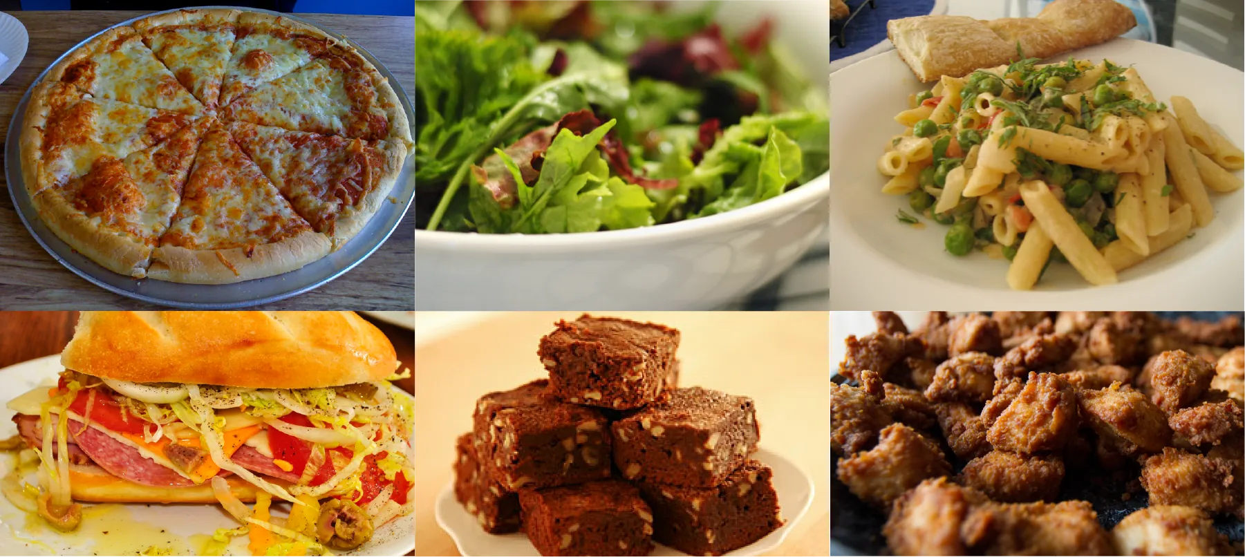 Six photos show different food products available: pizza, salad, pasta, a sub sandwich, brownies, and breaded chicken wings.