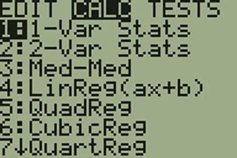 Image of a TI calculator screen. After pressing the STAT key, screen displays top menu choices EDIT, CALC, TESTS. CALC is selected. Below the top menu, option 1: 1–Var Stats is selected.
