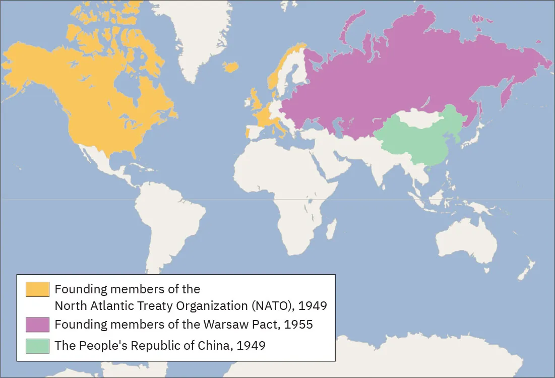 A world map is shown. The countries of Belgium, Denmark, France, the United Kingdom, Iceland, Italy, Luxembourg, the Netherlands, Norway, Portugal, Canada, and the United States are highlighted yellow and labeled Founding members of the North Atlantic Treaty Organization (NATO), 1949. The countries of Albania, the Soviet Union, Bulgaria, Czechoslovakia, East Germany, Hungary, Poland, and Romania are highlighted purple and labeled Founding members of the Warsaw Pact, 1955. The People’s Republic of China in 1949 is also labeled.