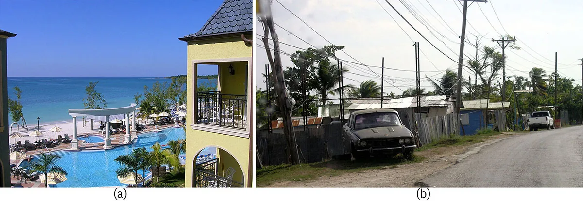 Photo A shows a luxury resort with a pool, pavilion and beach. Photo B shows what looks like a broken car and small houses