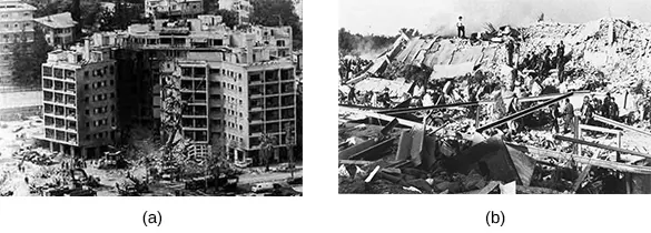 Photograph (a) shows the bombed remains of the U.S. Embassy in Beirut. Photograph (b) shows the ruins of the U.S. Marine barracks at the Beirut airport.
