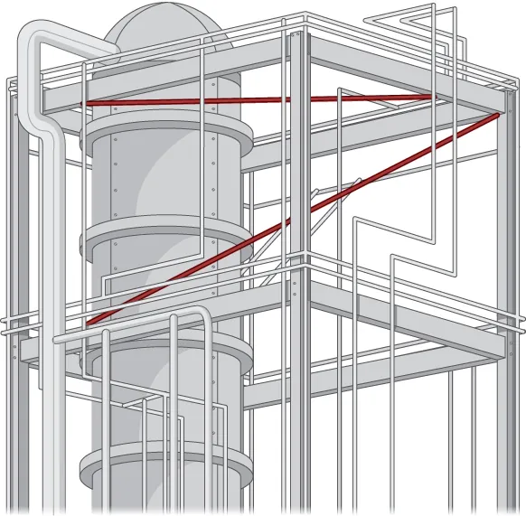 Esta figura muestra un sistema de tuberías que discurren en diferentes direcciones en una planta industrial. Los dos tubos sesgados están resaltados en rojo.