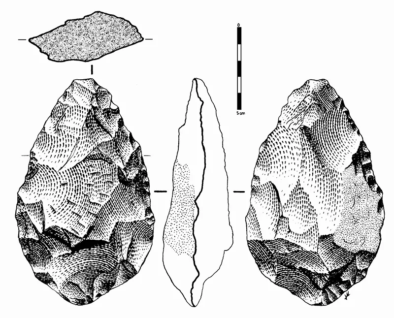 Sketch showing back, front, and side views of a stone that has been shaped by the removal of multiple chips and pieces. The stone is wide at the bottom and shaped into a broad point at the top.