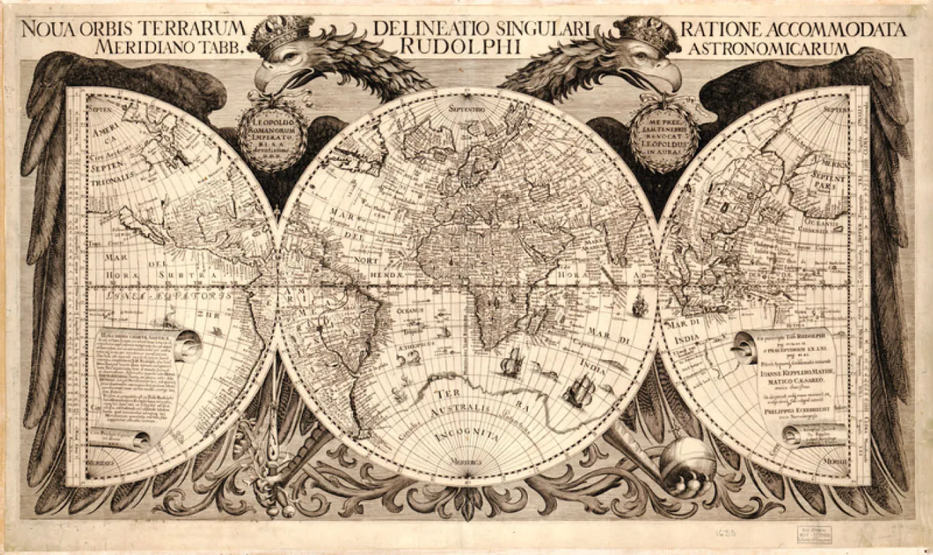 This image shows a map of the world. The margins around the map are decorated with the Germanic, double-headed imperial eagle. The Latin words “Noua orbis terrarum delineatio singulari ratione accommodata meridiano tabb. Rudolphi astronomicarum” appear above the image.