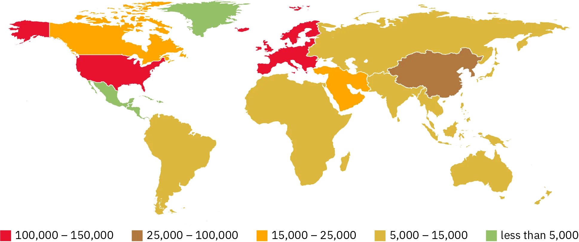 A map with shading to indicate the number of ongoing clinical trials in various regions. The following regions have 100,000 - 150,000: the United States, Western Europe. The following region has 25,000 - 100,000: China. The following regions have 15,000 - 25,000: Canada, the Middle East. The following regions have 5,000 - 15,000: South America, Africa, Russia, Eastern Europe, Southeast Asia, Australia. The following regions have less than 5,000: Mexico, Central America, Greenland.