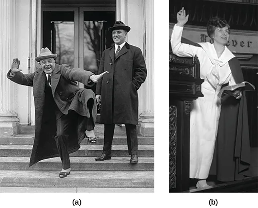 Photograph (a) shows Billy Sunday leaving the White House with another man beside him; he strikes a comical pose, lifting one leg and spreading his arms wide for the camera. Photograph (b) shows Aimee Semple McPherson preaching and gesturing with one arm.