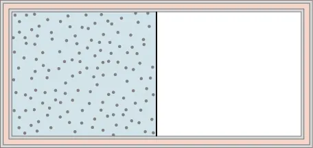 Rysunek przedstawia zbiornik ze ścianą dzielącą go na dwie równe komory. Ściany zbiornika są szczelnie izolowane. Komora po lewej jest wypełniona gazem, na co wskazuje niebieski odcień oraz dużo małych kropek, reprezentujących cząsteczki gazu. Prawa komora jest pusta.