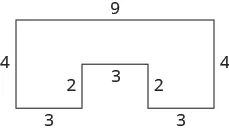 This image includes 8 sides. Side one on the left is labeled 4 inches, side 2 on the top is labeled 9 inches, side 3 on the right is labeled 4 inches, side 4 is labeled 3 inches, side 5 is labeled 2 inches, side 6 is labeled 3 inches, side 7 is labeled 2 inches, and side 8 is labeled 3 inches.