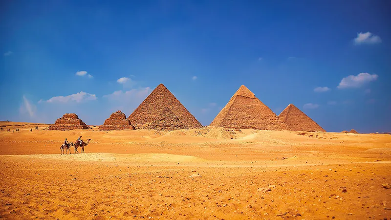A distant view of the Pyramids of Giza.