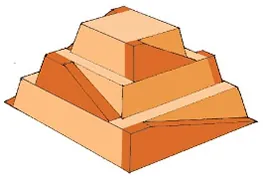 A model of a step pyramid is shown with ramps along the sides of each step.