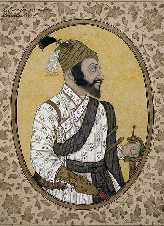 This painting depicts Emperor Shivaji. He wears a richly decorated white tunic and ornate jewelry. He carries a sword in his left hand.
