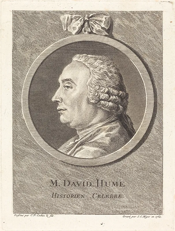 An engraving shows a portrait of the head and shoulders of a person wearing a short powdered wig. The portrait is in a circular frame hanging from a ribbon. Beneath the framed portrait are the words M. David Hume, Historien Celebre.