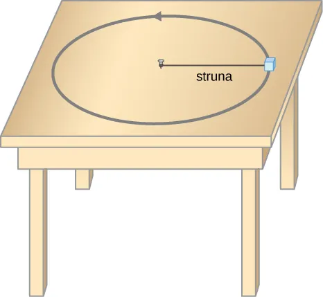 Rysunek przedstawia ciało poruszające się po torze kołowym na stole. Ciało jest zamocowane do struny, której drugi koniec jest przyczepiony do stołu w środku okręgu.