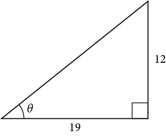An illustration of a right triangle with angle theta. Opposite the angle theta is a side with length 12, adjacent to the angle theta is a side with length 19.