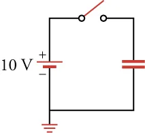 The figure shows a circuit with an open switch with one end connected to a capacitor. The other end of the capacitor is connected to the negative terminal of a 10-volt voltage source. The positive terminal of the voltage source is connected to the other end of the open switch. The connection between the capacitor and voltage source is also connected to the ground.