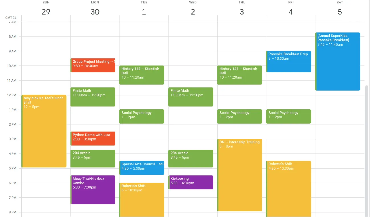 A sample student work calendar showing to-dos on a particular week from 7 A M to 8 P M. Various colors, red, yellow, green, purple, and blue denote various categories of commitments.