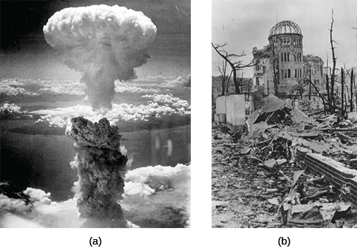 Photograph (a) shows a massive mushroom cloud created by an atomic bomb. Photograph (b) shows the ruins of Hiroshima, with only the shell of a domed building left standing among the rubble.