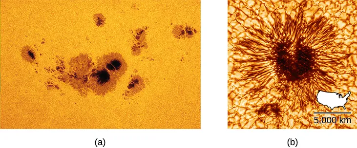 a) An image of a series of sunspots, dark blobs on the surface of the Sun. b) Detailed shot of a sunspot taken by the Daniel Inouye Solar Telescope. The single sunspot is shown to be roughly the size of the United States.