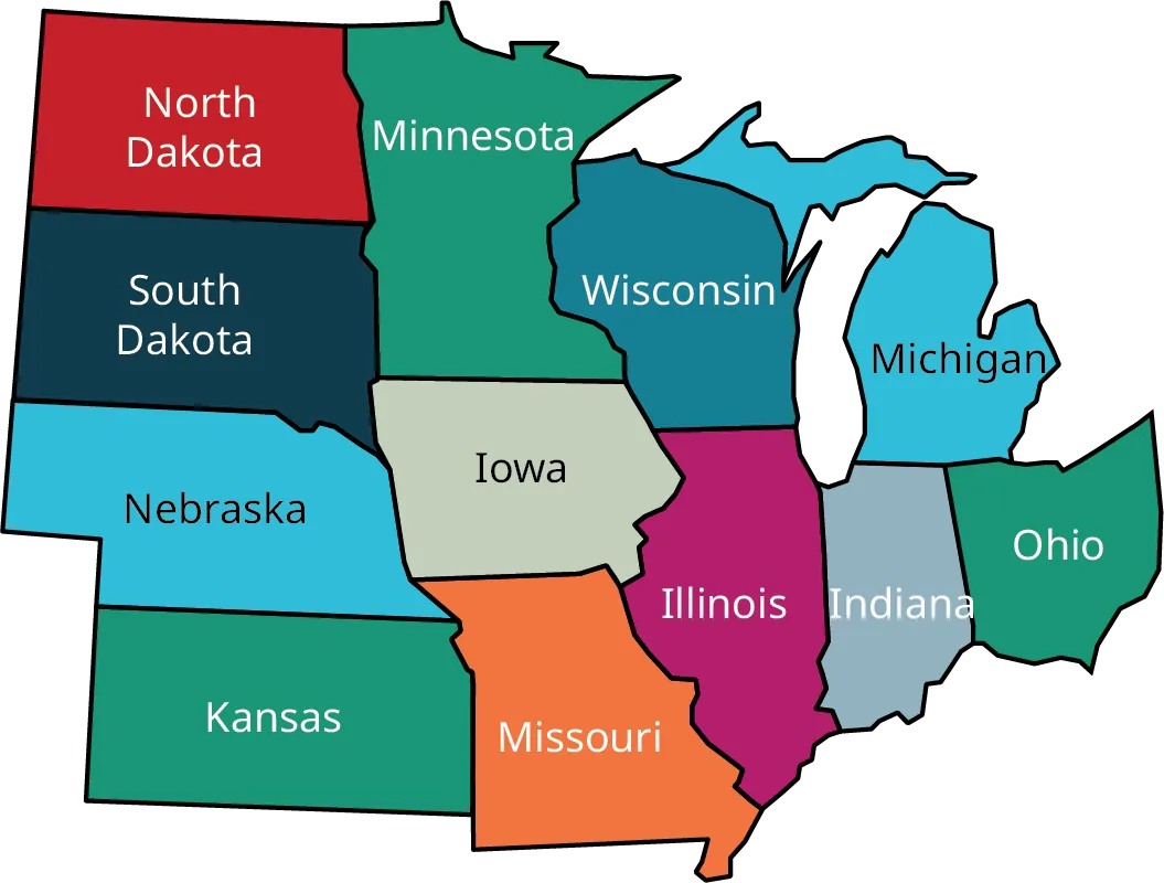 A partial map of the USA with the midwestern states. The Midwestern states are North Dakota, South Dakota, Nebraska, Kansas, Minnesota, Iowa, Missouri, Wisconsin, Illinois, Indiana, Michigan, and Ohio.