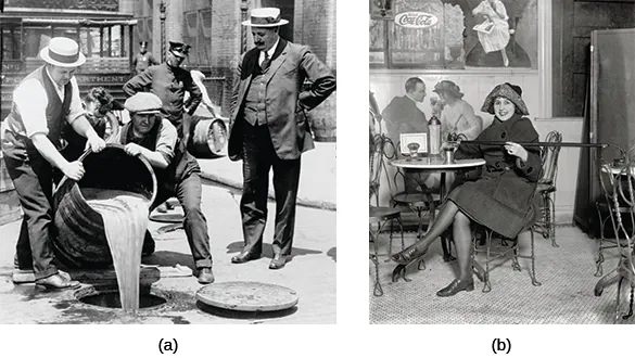 Photograph (a) shows several men pouring a large barrel of alcohol down a manhole as a uniformed policeman watches from behind them. Photograph (b) shows a smiling young woman sitting in a café, using a flask hidden at the tip of her cane.
