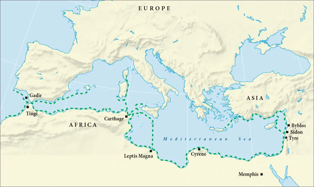 A map of the Mediterranean Sea is shown and the land surrounding it on all sides. Europe is labeled to the north, Africa to the south, and Asia to the east. A thick green dashed line is drawn starting in the east at the island of Crete. From there it heads east to the Asian coast, splitting off to touch the island off of the coast of Lebanon, then connecting in Sidon. The line that hugs the coast passes the cities of Byblos, Sidon, and Tyre in Lebanon, heads south along the coast of Africa past Cyrere, then toward Leptis Magna. At Leptis Magna the green dashed line heads along the coast to Carthage as well as heading out to sea toward the island of Sicily and heading back to Carthage. At Carthage the line goes to Sicily and back, and to Sardinia as well as along the coast heading west to Tingi in Africa and Gadir in Spain. From Tingi it continues west along the coast of Africa and from Gadir in Spain the green line continues west up the coast of Spain and east along the coast on to the Balearic Islands. The city of Memphis in Egypt is also labeled.
