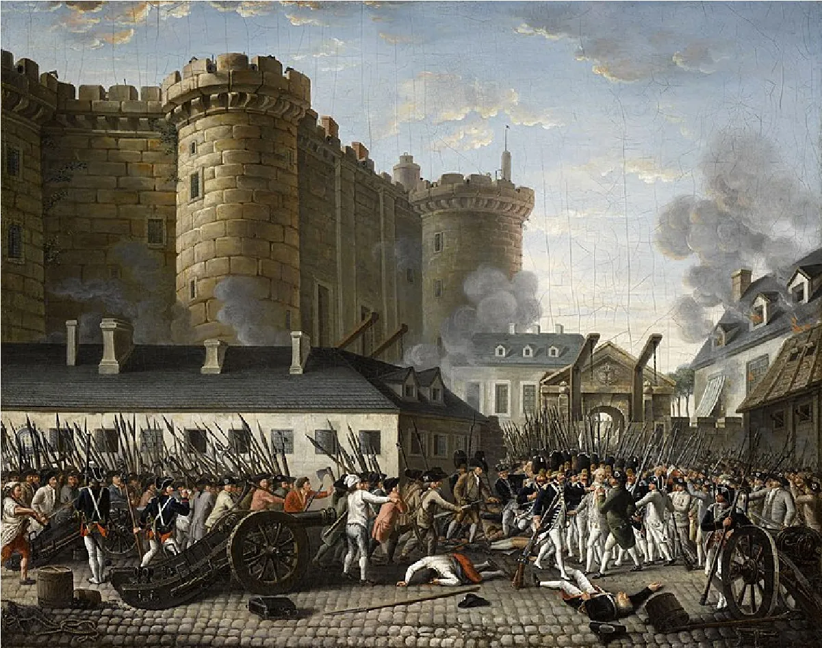 Two groups of armed men walk toward each other in front of a large castle. Several men lay on the ground and appear dead.
