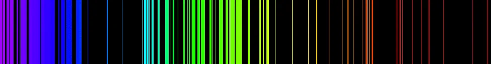  Rysunek przedstawia spektrum emisyjne żelaza. Widać na nim wiele przekrywających się kolorowych pasm i linii.