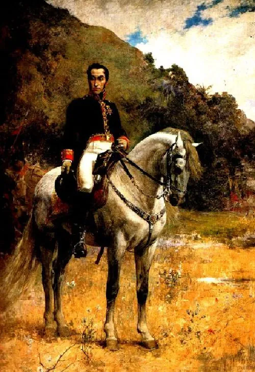In this painting, Simon Bolivar wears a military uniform and rides a white horse. Mountains and clouds are visible in the background.
