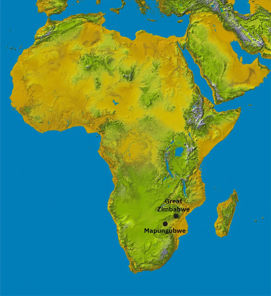 A topographical map of Africa. Mapungubwe and Great Zimbabwe are labeled in southern Africa.