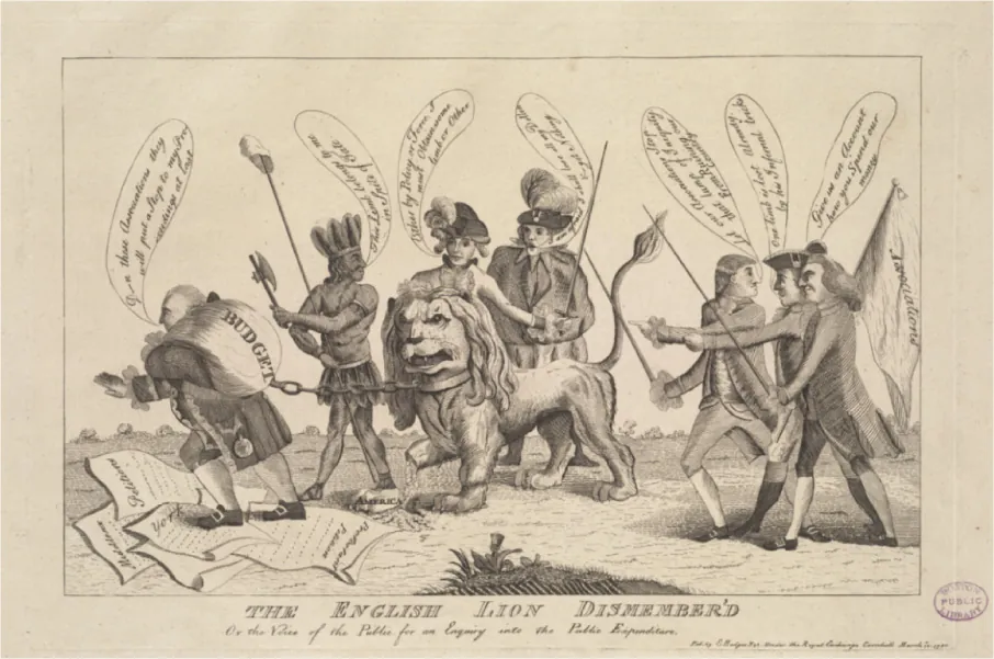 Similar to 1756 cartoon on Minorca. Lord North carries a large sack entitled BUDGET as he drags the British lion on a chain behind him. The lion has lost one of its paws (labeled America) to an American Indian's tomahawk. The Indian says, "This limb belongs to me in spite of fate." To the rear, Burke and other members of the "Associations" prepare to intervene.