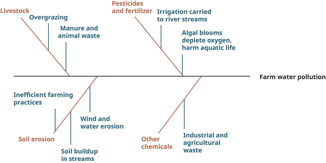 Fishbone diagram showing farm water pollution as the main horizontal line. Causes include livestock (with secondary causes of overgrazing, and manure and animal waste), pesticides and fertilizer (with secondary causes of irrigation carried to river streams and algal blooms that deplete oxygen and harm aquatic life), soil erosion (with secondary causes of inefficient farming practices, soil buildup in streams, and wind and water erosion), and other chemicals (with a secondary cause of industrial and agricultural waste).