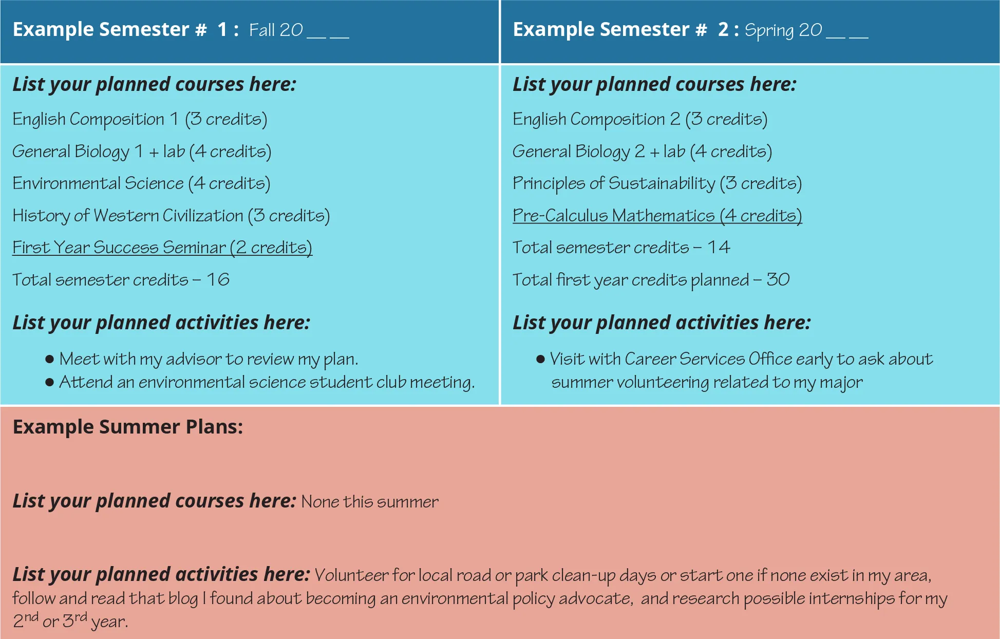 A sample grid diagram divided into Semester 1, Semester 2, and Summer Plans shows a student's planning for different semesters, including planned courses and activities.