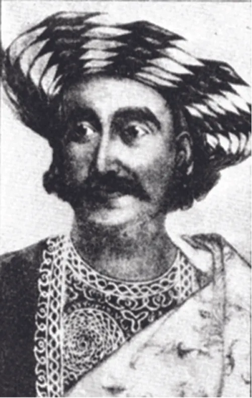 A drawing of a man with a moustache and big oval eyes. He wears a large brimmed hat on his head that is coiled and striped with hair behind his ears. His dark shirt has white detailed designs around the neck and down the front and part of a white cloth covers his left shoulder.