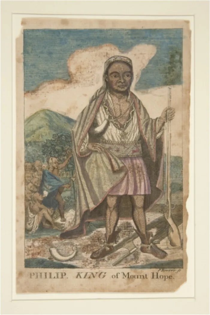 A drawing of a man is on a worn, piece of paper with torn edges. He is standing in front of a group of other men, some trees, mountains, and sky. The man in the forefront wears a white V-neck shirt with trim and a medallion hanging form the “V”, a beaded thick belt, and a pink cloth to his knees. He wears moccasins, a long cape on his shoulders, and a white cloth on his head. He is holding a tall, thin rifle in one hand and an ax and elephant tusk lay at his feet. His shadow is seen on the ground. In the left background, nine men are shown – one bald man in a white cloth is sitting blowing smoke from his mouth, another bald man wears a blue cloth and holds an ax, while the bald heads of the others are shown in a group at the left. The words “Philip King of Mount Hope.” are displayed across the bottom.
