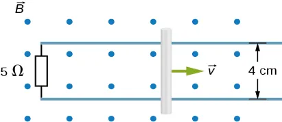 Rysunek przedstawia prostokątny obszar, w którym istnieje jednorodne pole magnetyczne o indukcji B – prostopadłe do płaszczyzny tegoż rysunku. Pole to zwrócone jest od płaszczyzny rysunku. Dłuższe boki obszaru pola są poziome. W obszarze pola, w odległości 4 centymetrów od siebie – umieszczone są poziome, przewodzące szyny. Lewe końce szyn połączone są ze sobą rezystorem o wartości 5 omów. Na szynach, w pewnej odległości od ich lewych końców – umieszczony jest przewodzący pręt. Pręt ten jest prostopadły do szyn. Pręt porusza się w poziomie, ku prawej stronie rysunku, z prędkością v, której wektor zaznaczony jest na rysunku.