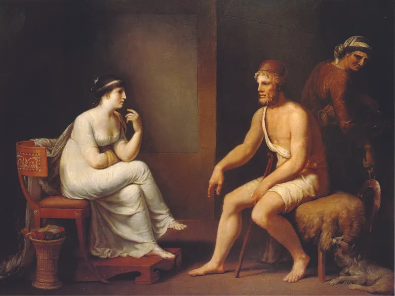 A painting depicting a woman on the left, Penelope, and a man on the right, Odysseus. Another person is behind Odysseus looking back at them.