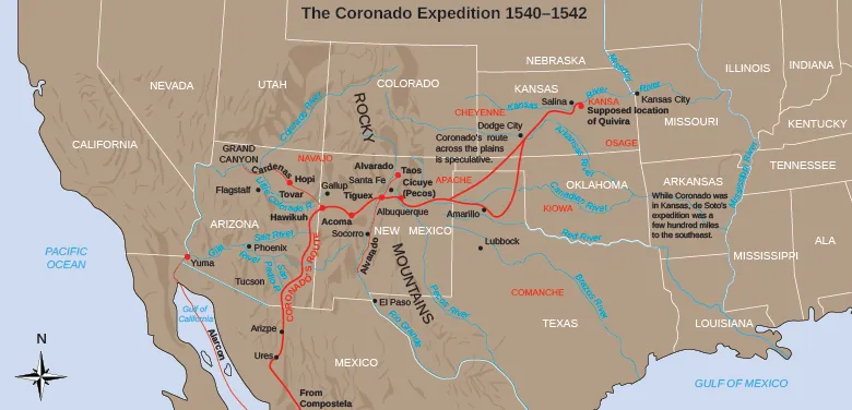 A map shows Coronado’s path through the American Southwest and the Great Plains. Notes indicate the “supposed location of Quivira” as well as that “Coronado’s route across the plains is speculative” and “While Coronado was in Kansas, de Soto’s expedition was a few hundred miles to the southeast.”