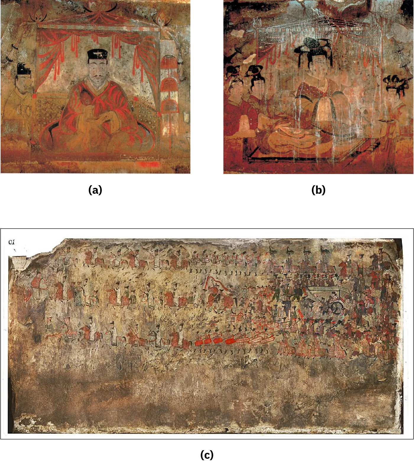 Three images of faded paintings are shown on gray, brown, and black stone walls. (a) An image shows a man sitting cross-legged in long red robes with neon orange highlights. He wears a flat black cap, has small eyes, dark eyebrows, and a small thin moustache. He is looking down at his hands, which are raised in front of his chest. He holds a flat object in his left hand and an oval shaped object is his right hand. He is sitting in a square tent with a triangle shape on top with the curtains open in the front and hanging over his head. To the left a faded image of a figure is shown with a black hat, small eyes, thin moustache and wearing yellowing robes. To the right of the tent three half circles in orange with stripes are stacked on a pole. Faded images surround the tent in orange, black and white colors. (b) A very faded image of a woman sitting on a square, flat platform facing to the right is shown. She is dressed in thick red, orange, white, and black robes and her hands are hidden in the opposite sleeves of her robe at chest level. She shows a small red mouth, but most of her facial details are faded. Her hair is black and stacked on her head in a tall bun with a halo of black with tails surrounding it. She sits under a faded square tent with the sides draped at the top in white, black, and neon orange colors. Faded white wavy lines run down her image from the top of the tent to the floor. To the left, two figures are seen in long red robes with stone colored trim. Their black hair is piled on their heads in tall buns with halos surrounding the bun. Red details are seen in the hair. Their facial features are faded, but small, red lips are shown. A figure to the right is shown in faded long red and orange robes holding a black plate and faded saucer in her hands at chest level. Her red mouth and black eyebrows show and her black hair is piled on top of her head in a series of half-moon projections with an ornate headband in the middle. Faded images surround the tent in black colors and the bottom of the image is painted orange and red. (c) A very faded images shows on a rectangular stone, with a broken top left corner and worn and faded edges in black, brown, and white colors. The bottom third of the image is varying shades of brown stone with no images. The top two thirds of the image show three rows of figures and animals walking to the left. The top row shows six figures in long white robes riding brown horses. Next, seven figures in black boots walk holding long black thin objects over their shoulders. Four figures on horses clad in decorative blankets sit with large black hats and hold long black poles. The second row shows a large figure in an orange robe siting on a red reined horse facing to the right. A figure on a brown horse in a white robe is next, facing to the left. Behind the horse, three figures of varying sizes stand in robes of white and green. A similar image of this four group of people follows two more times and then a figure in green robes holding a long red stick with a long red, thin flag is shown walking. A large brown horse follows with a figure in brown walking next to it. A blurry image follows which shows a group in brown walking as well as a triangle shaped chariot of sorts. The last row shows very faded riders in long robes of white on brown horses. Following is a group with black boots, red shields and long black poles. Horses clad in blankets show next with riders in matching outfits. At the right a large mass of figures stands behind the three rows sitting on horses. Details are faded but brown horses are seen and figures clad in long dark robes.