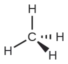 Una estructura de Lewis muestra un átomo de carbono unido con enlace simple a cuatro átomos de hidrógeno. Esta estructura utiliza cuñas y guiones para darle un aspecto tridimensional.