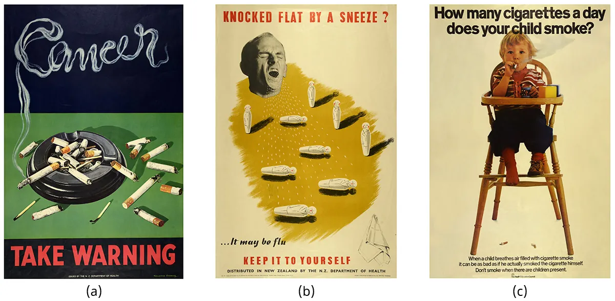 Three posters are part of a fear appeal campaign. The first poster shows a burning and snubbed out cigarettes in an ashtray. Smoke from one burning cigarette rises in and spells out the word Cancer. At the bottom of the poster it says take warning. The second poster shows the head of a person about to sneeze surrounded by white drawings of bodies. Some of the bodies are lying down; others are standing. The verbiage on the poster says Knocked flat by a sneeze? ...It may be the flu. Keep it to yourself. The third ad shows a young child sitting in a highchair with blocks on the tray. The child is smoking a cigarette. The poster states How many cigarettes a day does your child smoke?