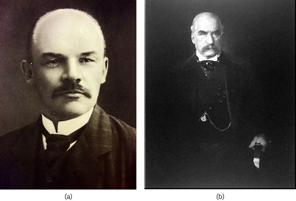 This figure consists of two images. The photo on the right is of Vladimir Ilyich Lenin, one of the founders of Russian communism. The image on the right is a photo of J.P. Morgan, one of the most influential capitalists in the United States. In figure (b), a photograph of J.P. Morgan is shown.