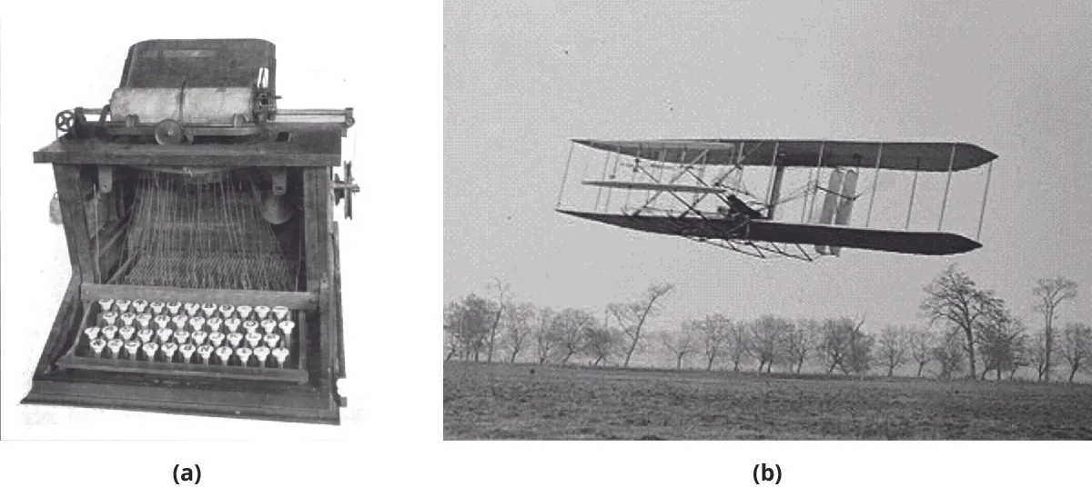 (a) Photo of a 1873 prototype of a typewriter. (b) Photo of an early airplane.