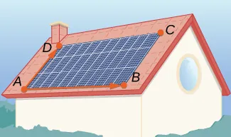 Esta figura muestra un conjunto rectangular de paneles solares en un tejado. Las esquinas están marcadas como "A, B, C, D". También hay un vector dibujado de A a D. Hay otro vector a lo largo de la parte inferior del rectángulo de A a B.